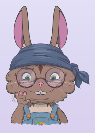 Lapin avec un bandeau, des lunettes et une salopette qui fait bonjour de la main