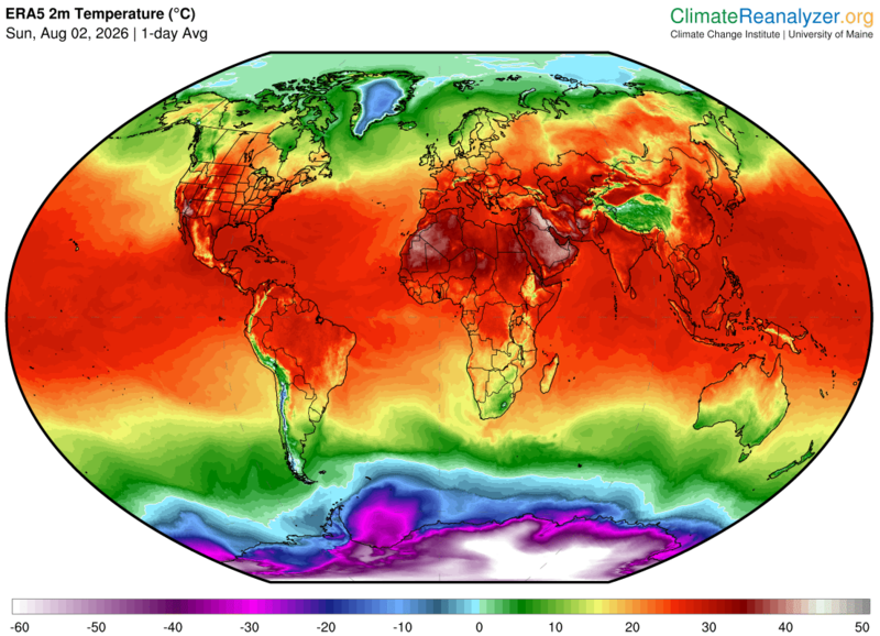 Carte du monde des températures de l'aire le 2 Août 2026